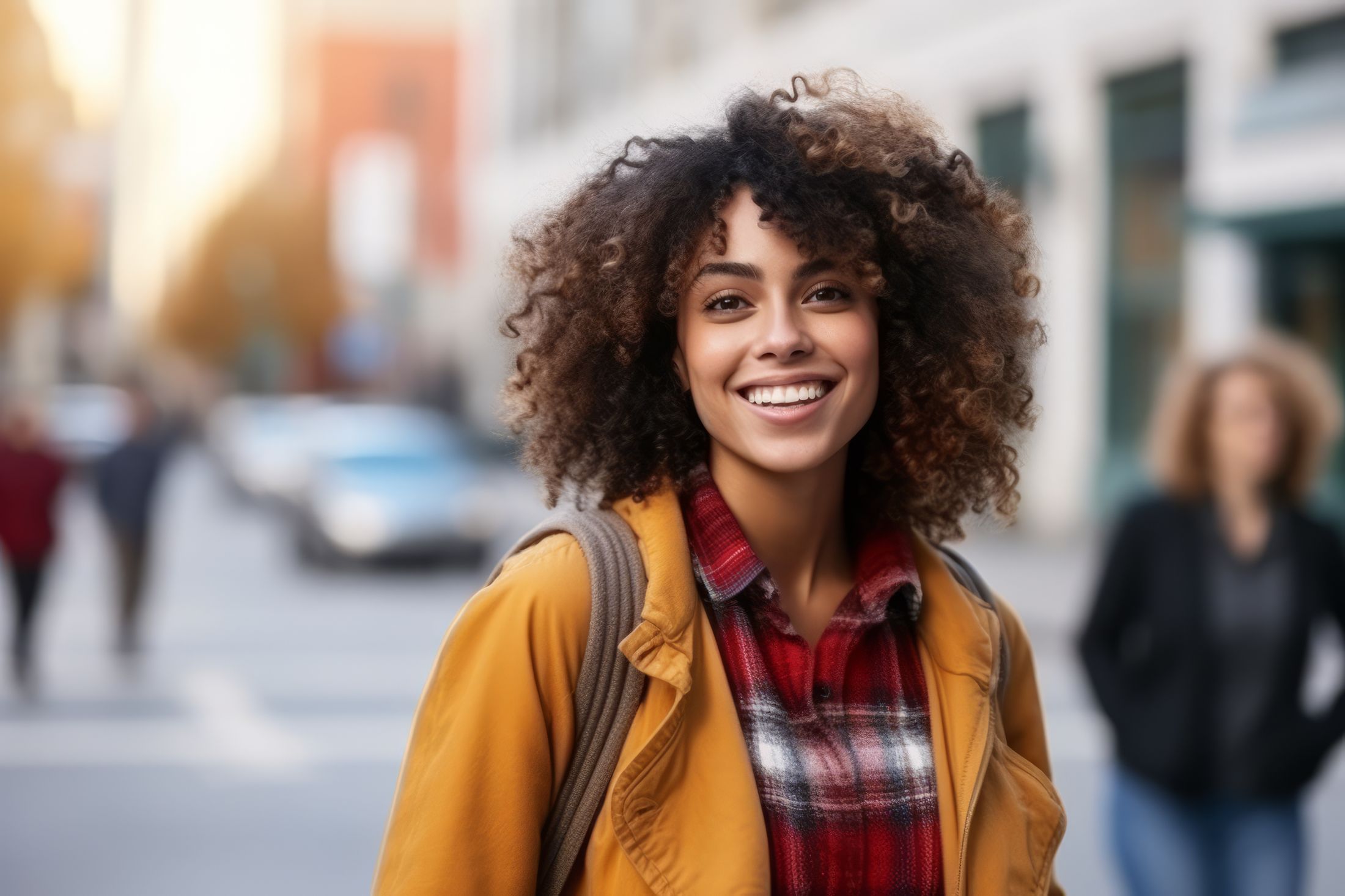 Smiling woman wearing a yellow jacket outdoors.