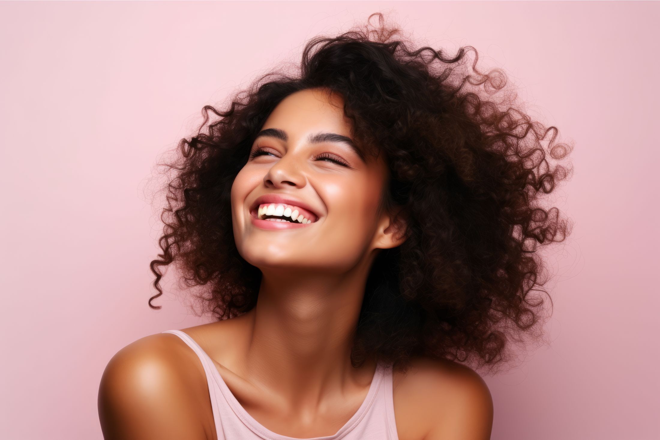 Smiling woman with curly hair against pink background.